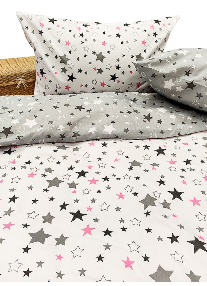 Divpusējs bērnu gultas veļas komplekts GREY-PINK STARS