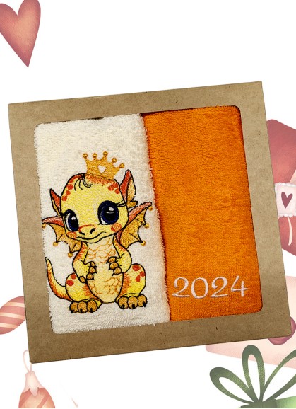 Mazo dvieļu komplekts ar 2024.gada simbolu PŪĶIS, cream-orange [NG2]