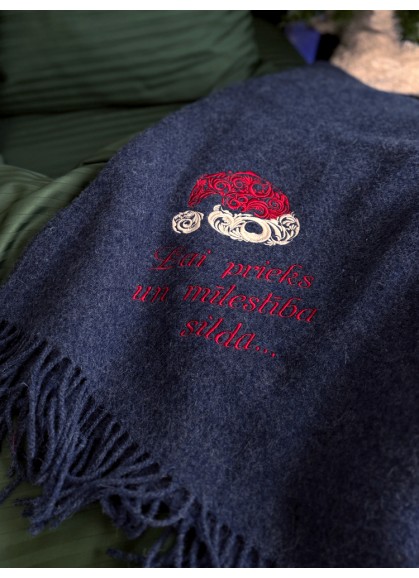 Vilnas pleds ar izšuvumu – Sirsnīga dāvana Ziemassvētkos, zils |ZS46