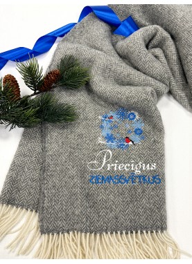 Vilnas pleds ar izšuvumu – Sirsnīga dāvana Ziemassvētkos, pelēks |ZS92