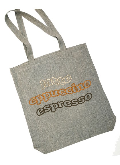 Izšuvums uz iepirkumu somas KAFIJA