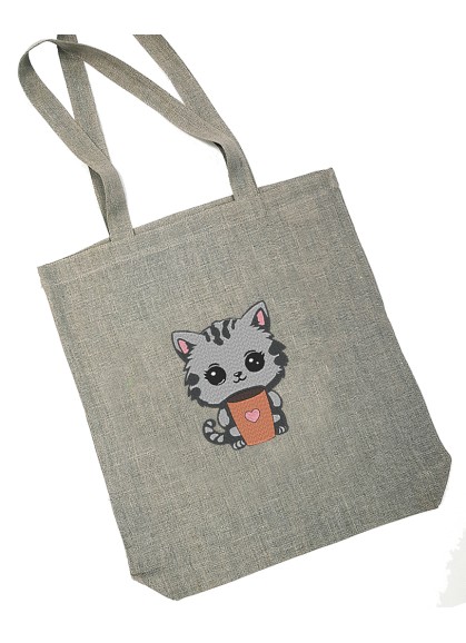 Izšuvums uz iepirkumu somas KAĶIS AR KAFIJU