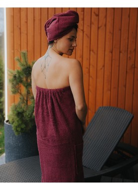 Sieviešu frotē saunas dvielis ar kabatu SOLO bordo