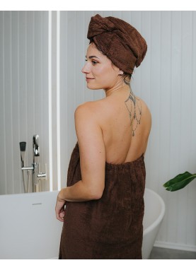 Sieviešu frotē saunas dvielis ar kabatu SOLO chocolate