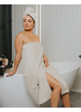 Sieviešu frotē saunas dvielis ar kabatu SOLO almond