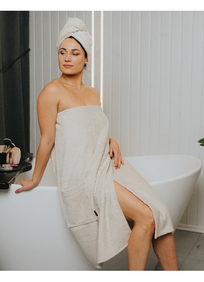 Sieviešu frotē saunas dvielis ar kabatu SOLO almond