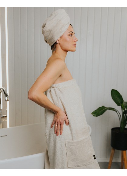 Sieviešu frotē saunas dvielis ar kabatu SOLO almond