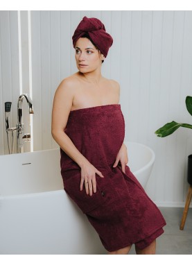 Sieviešu frotē saunas dvielis ar kabatu SOLO bordo