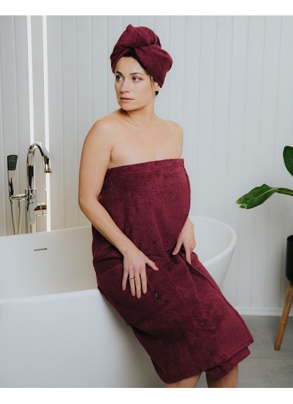 Sieviešu frotē saunas dvielis ar kabatu SOLO bordo